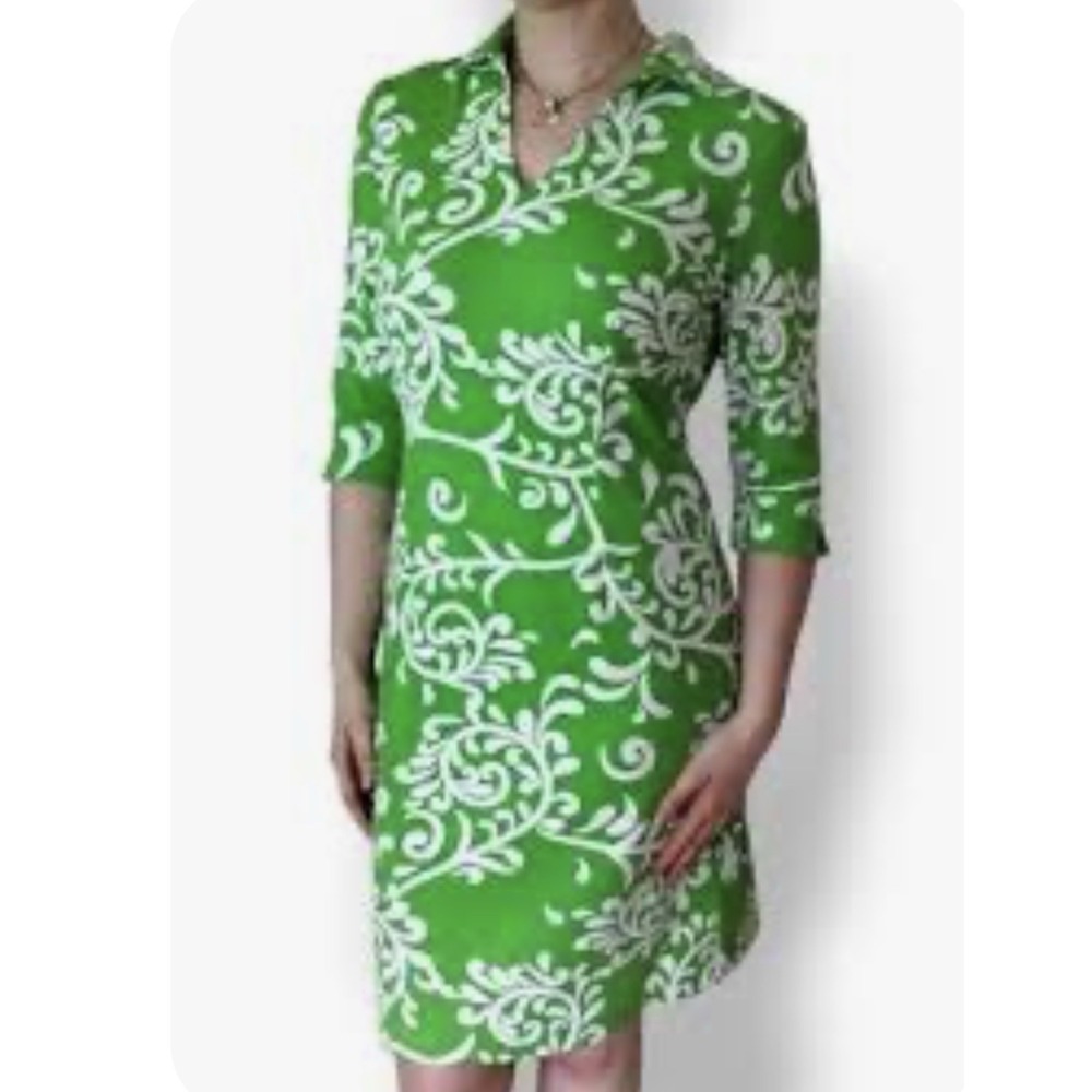 J. McLaughlin Catalina Cloth 3/4 Sleeve Dress S Green & White Damask Scroll